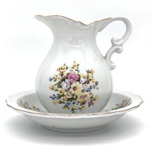 Vintage Porcelain Pitcher & Basin Saucer Set Floral Pattern Gold Trim Made Japan